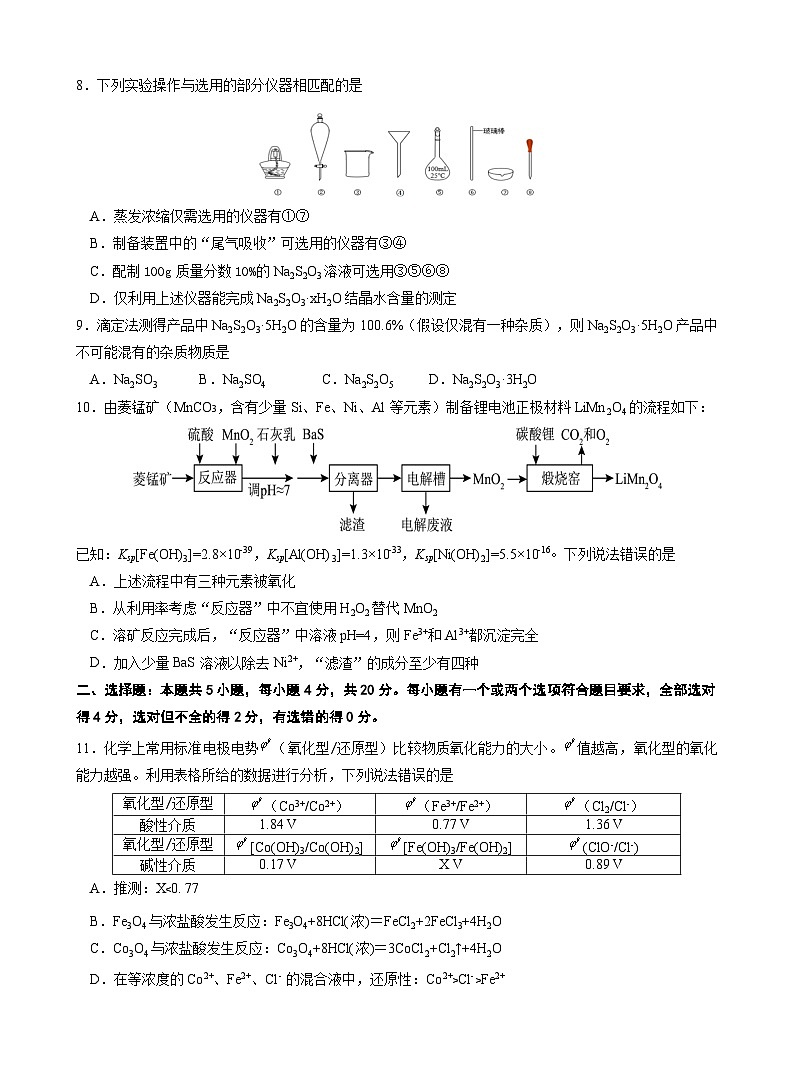 山东省高中名校2023-2024学年高三上学期12月统一调研考试化学试题无答案03