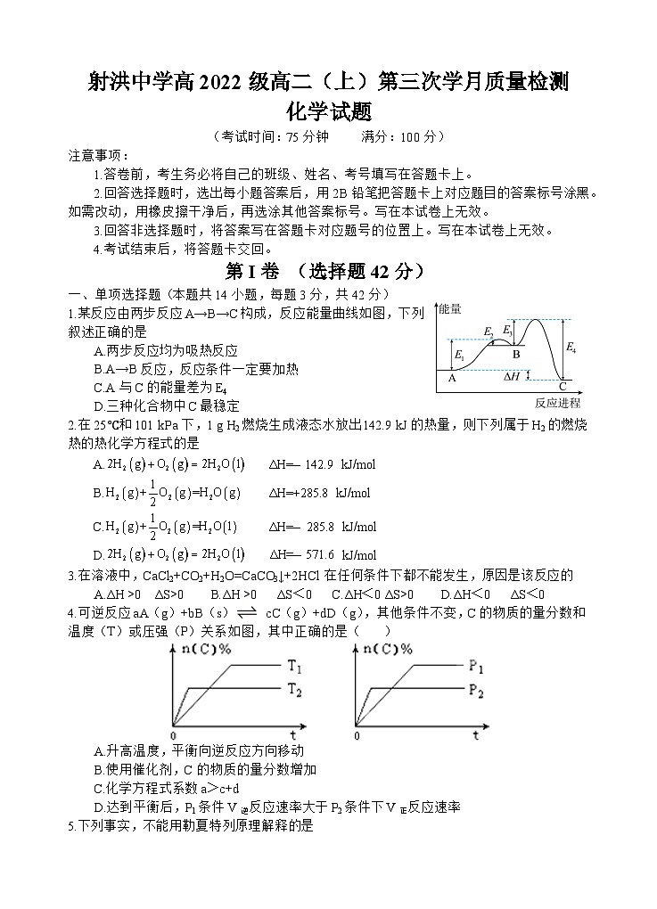 2024四川省射洪中学高二上学期第三次质量检测试题化学含答案01