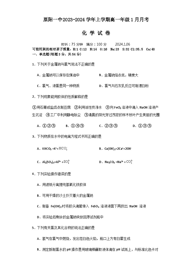 河南省新乡市原阳县重点高级中学2023-2024学年高一上学期1月月考化学试题01