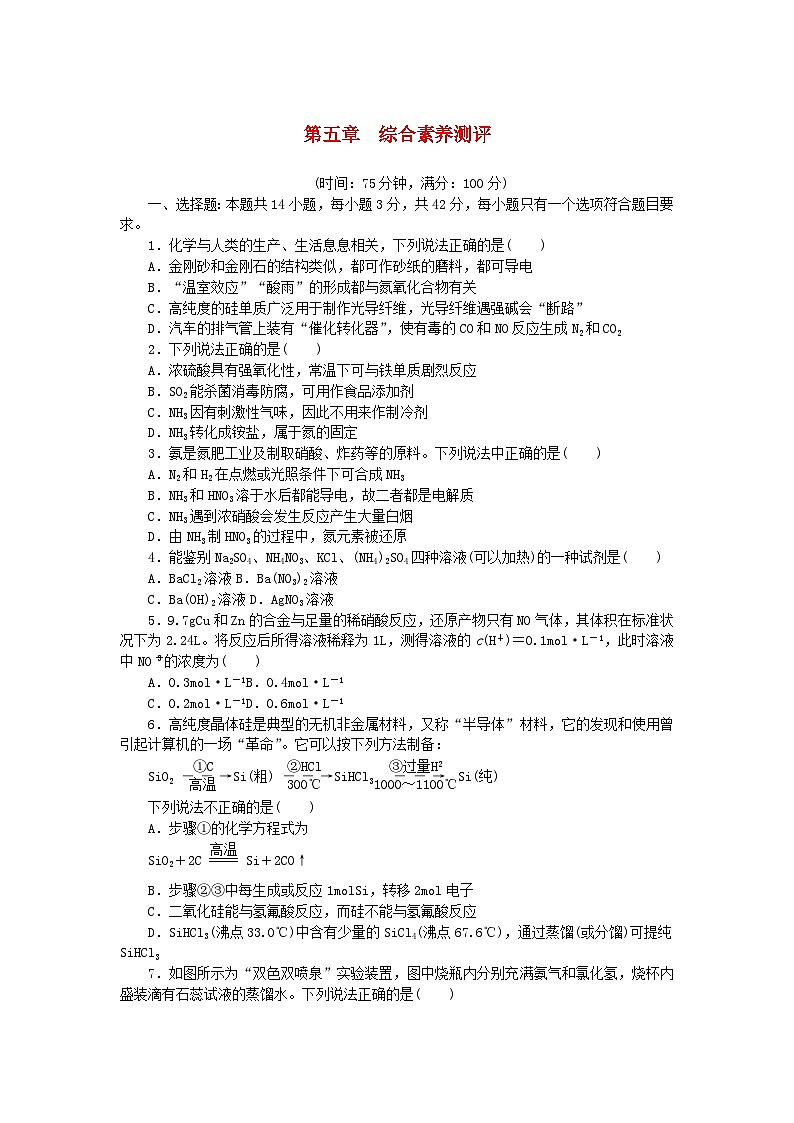 2024版新教材高中化学第五章化工生产中的重要非金属元素综合素养测评新人教版必修第二册第1页