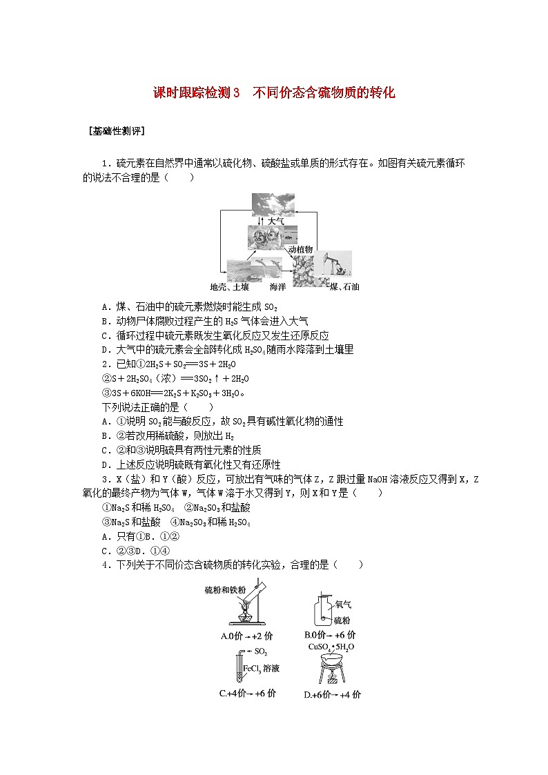 2024版新教材高中化学课时跟踪检测3不同价态含硫物质的转化新人教版必修第二册01