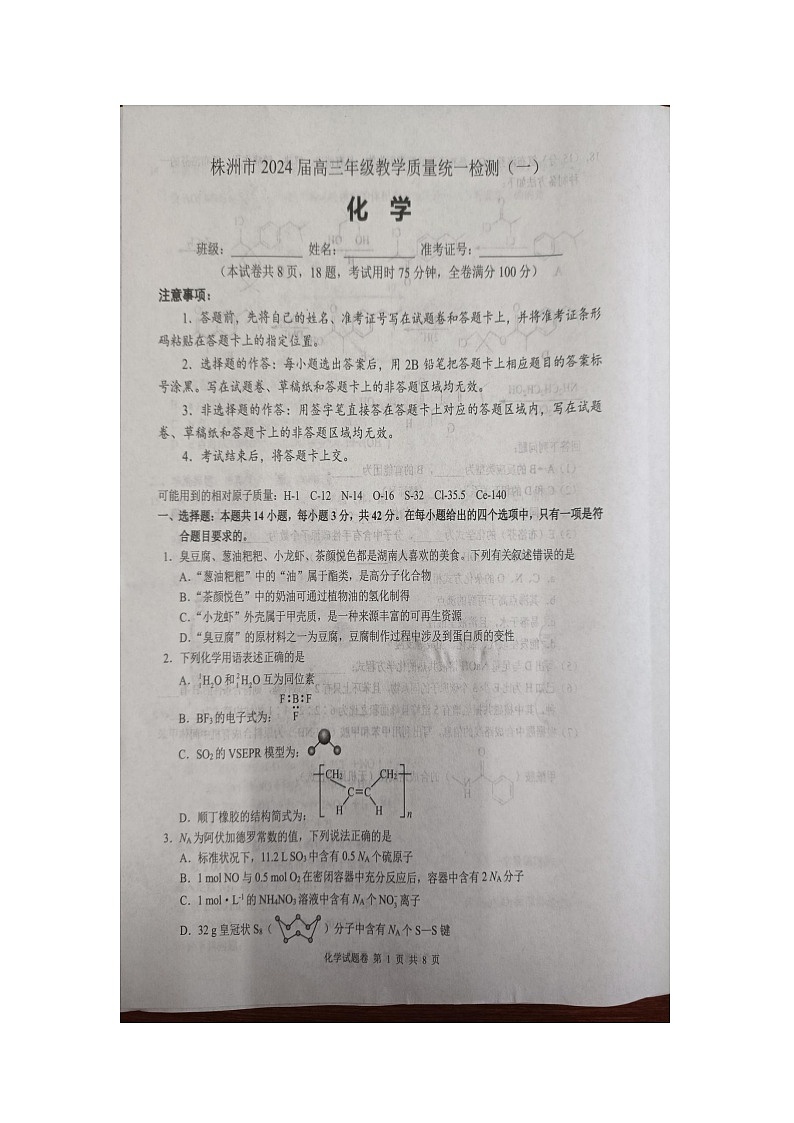 湖南省株洲市2024届高三上学期教学质量统一检测化学试题第1页