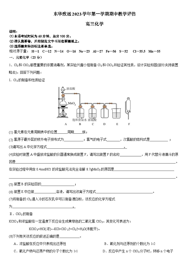 2024上海市东华大学附属奉贤致远中学高三上学期期中考试化学含答案01