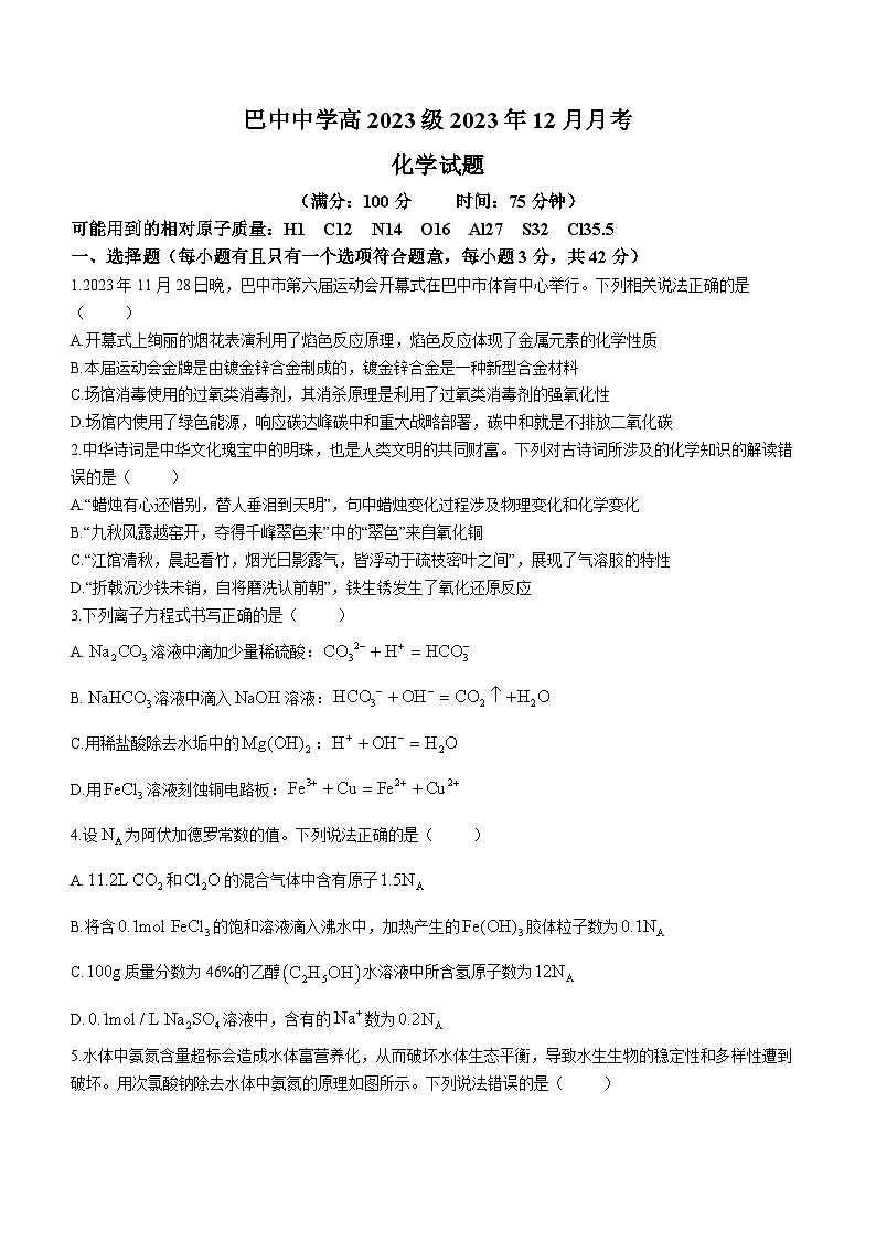 四川省巴中中学2023-2024学年高一上学期12月月考化学试题（Word版附答案）第1页