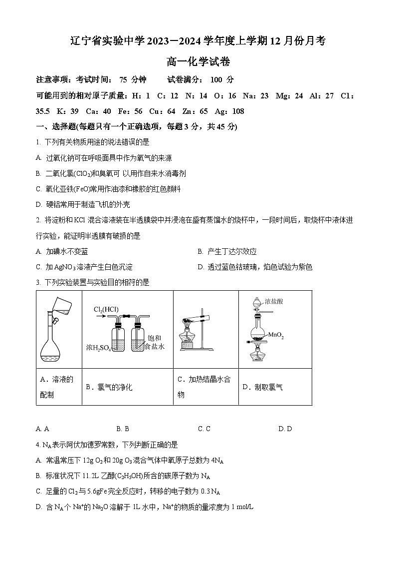 辽宁省实验名校2023-2024学年高一上学期12月月考试题+化学（解析版）01