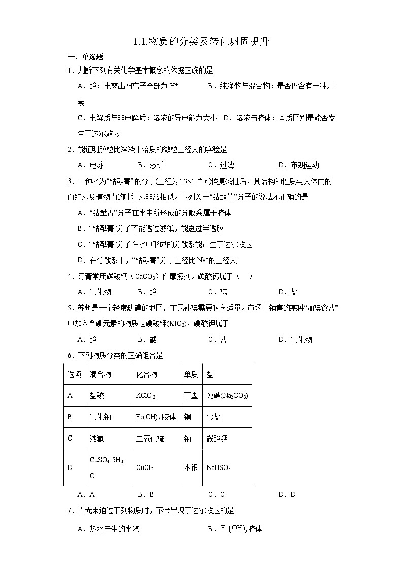 1.1.物质的分类及转化  巩固提升    高中化学人教版（2019）必修第一册01
