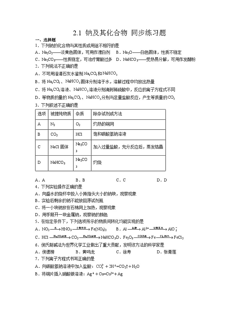 2.1 钠及其化合物  同步练习题    高中化学人教版（2019）必修第一册第1页