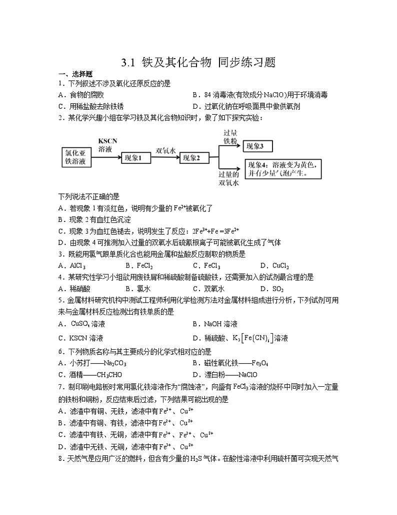 3.1 铁及其化合物  同步练习题    高中化学人教版（2019）必修第一册第1页