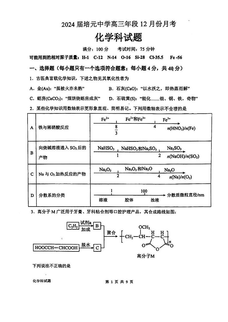 福建省泉州市鲤城区培元中学2023-2024学年高三上学期12月月考化学试题01