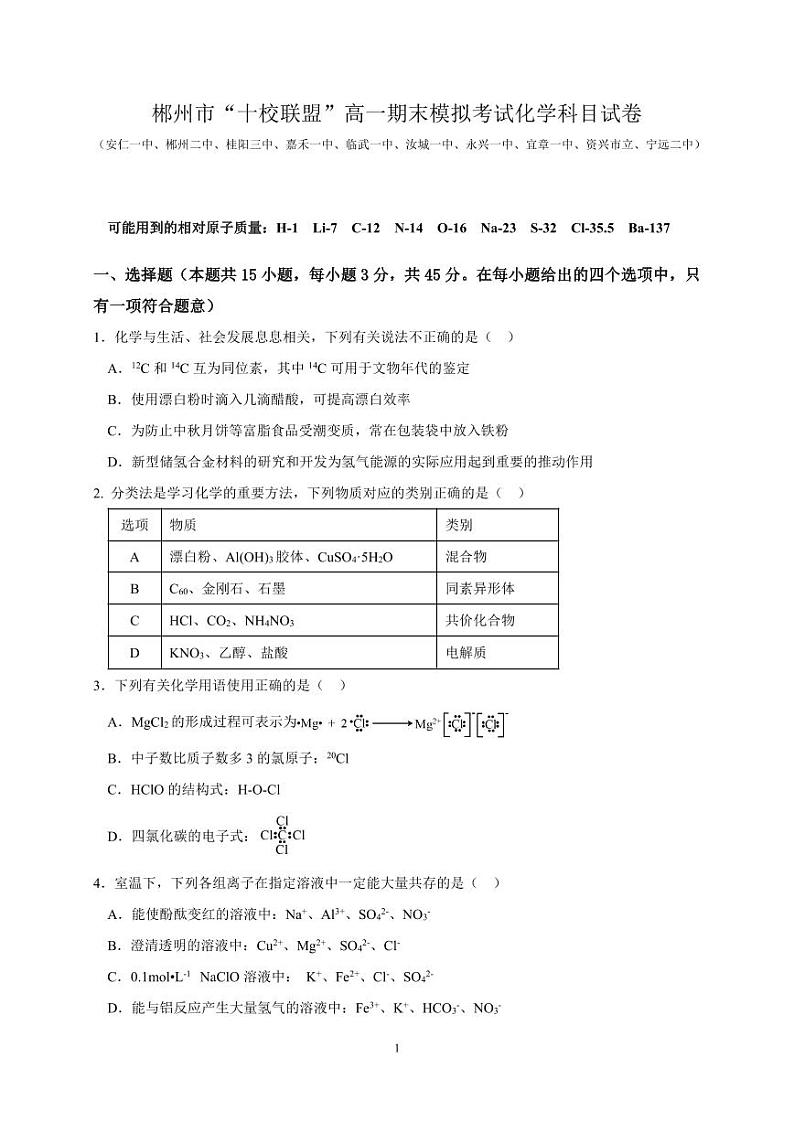 湖南省郴州市“十校联盟”2023-2024学年高一上学期期末模拟考试化学试题第1页