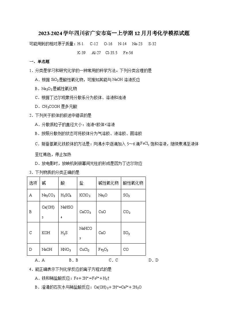 2023-2024学年四川省广安市高一上册12月月考化学试题（附答案）第1页