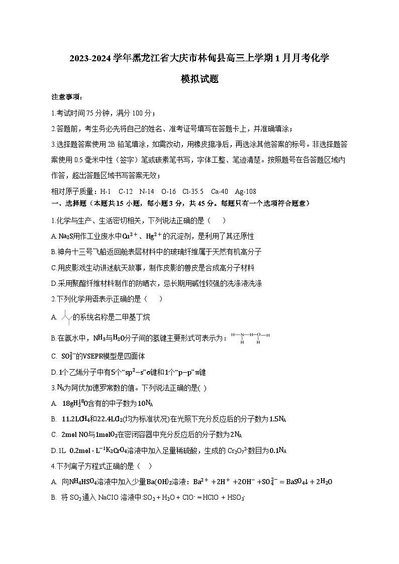 2023-2024学年黑龙江省大庆市林甸县高三上册1月月考化学试题（附答案）第1页