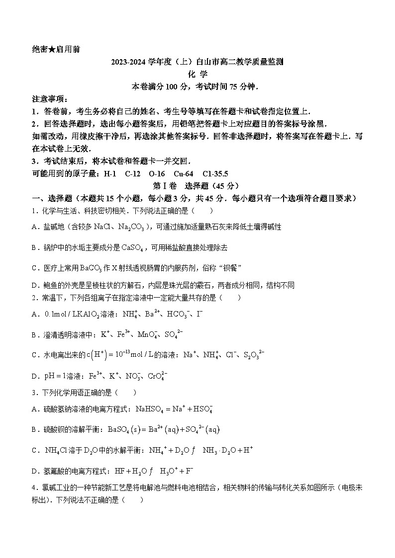 2024白山高二上学期1月期末考试化学含答案01