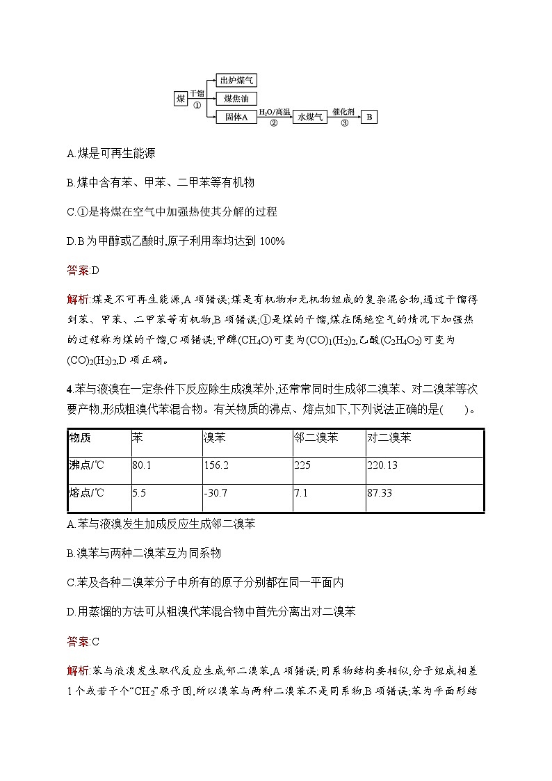 苏教版高中化学必修第二册专题8第1单元第3课时煤的综合利用苯练习含答案第2页