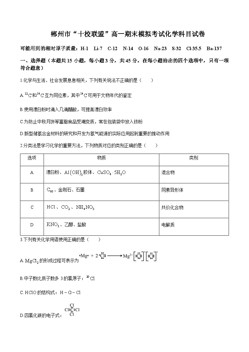 湖南省郴州市“十校联盟”2023-2024学年高一上学期期末模拟考试化学试题含答案第1页