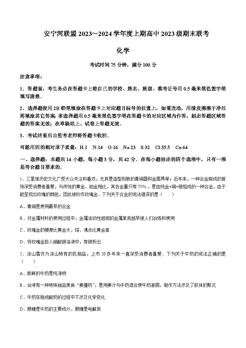 四川省凉山彝族自治州安宁河联盟2023-2024学年高一上学期期末联考化学试题含答案01