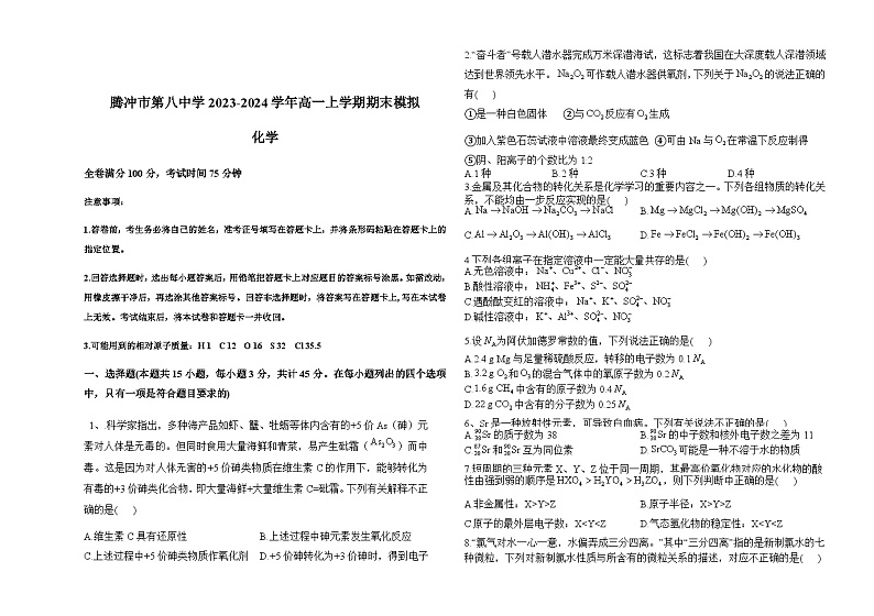 云南省保山市腾冲市第八中学2023-2024学年高一上学期期末模拟化学试题含答案01