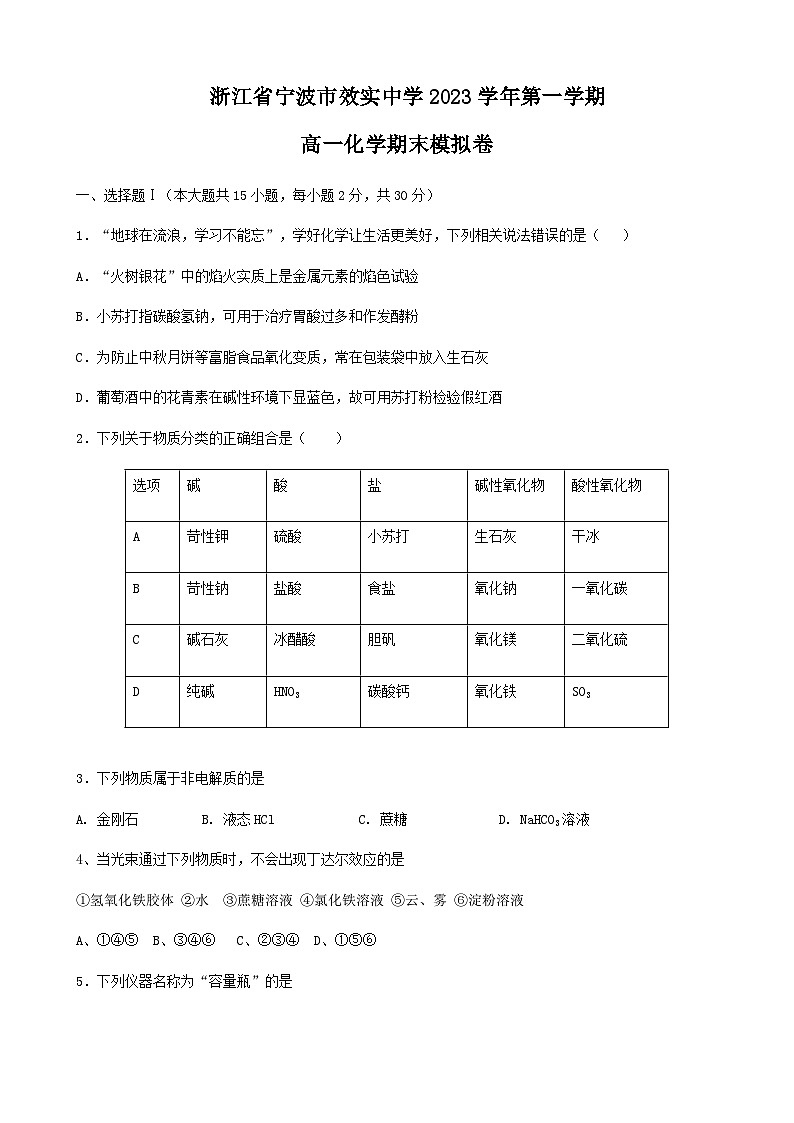 浙江省宁波市效实中学2023-2024学年高一上学期期末化学模拟卷含答案01