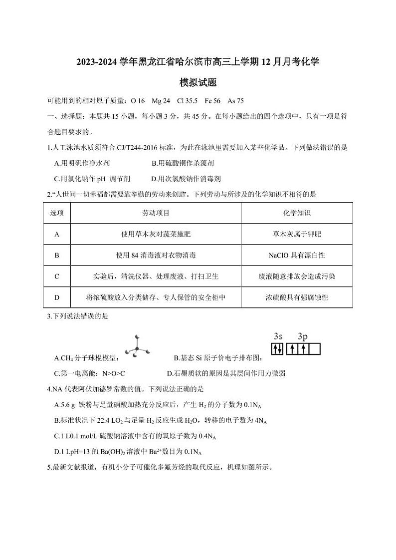 2023-2024学年黑龙江省哈尔滨市高三上学期12月月考化学模拟试题（含答案）第1页