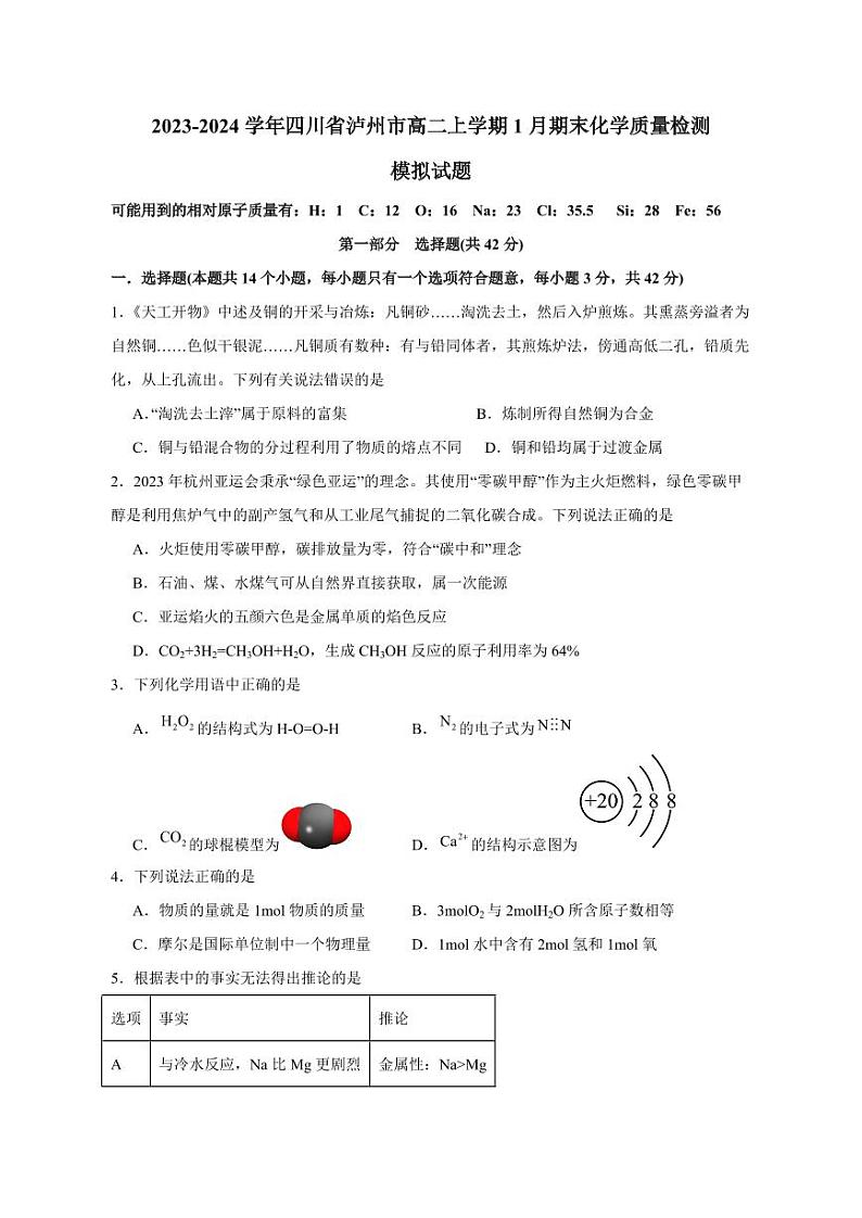 2023-2024学年四川省泸州市高二上学期1月期末化学质量检测模拟试题（含答案）第1页