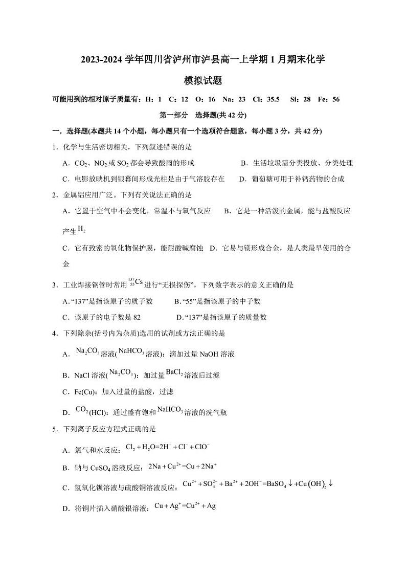 2023-2024学年四川省泸州市泸县高一上学期1月期末化学模拟试题（含答案）第1页