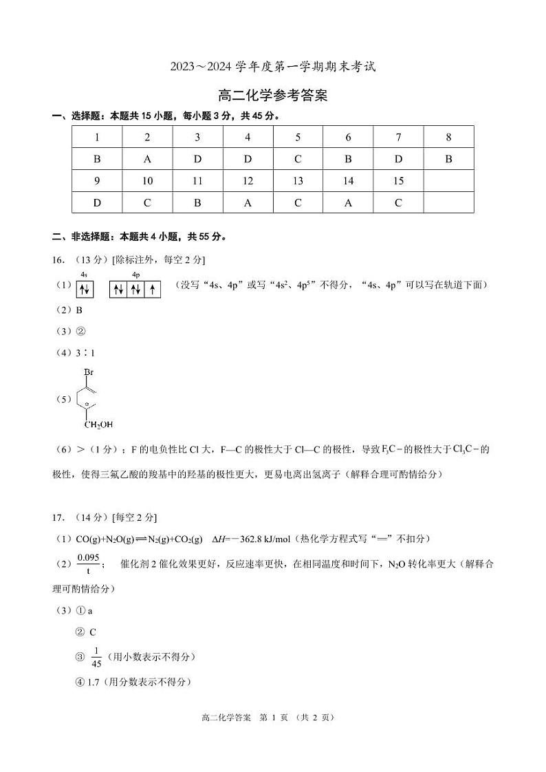 2023—2024学年度第一学期期末考试高二化学试卷参考答案第1页