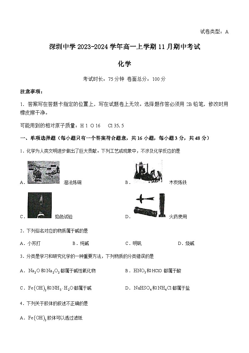 广东省深圳中学2023-2024学年高一上学期11月期中考试化学试题含答案01