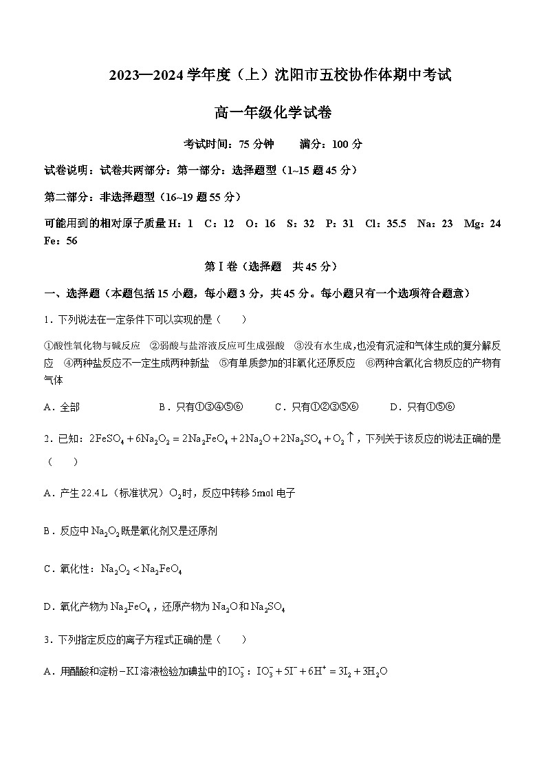 辽宁省沈阳市五校协作体2023-2024学年高一上学期11月期中考试化学试题含答案01