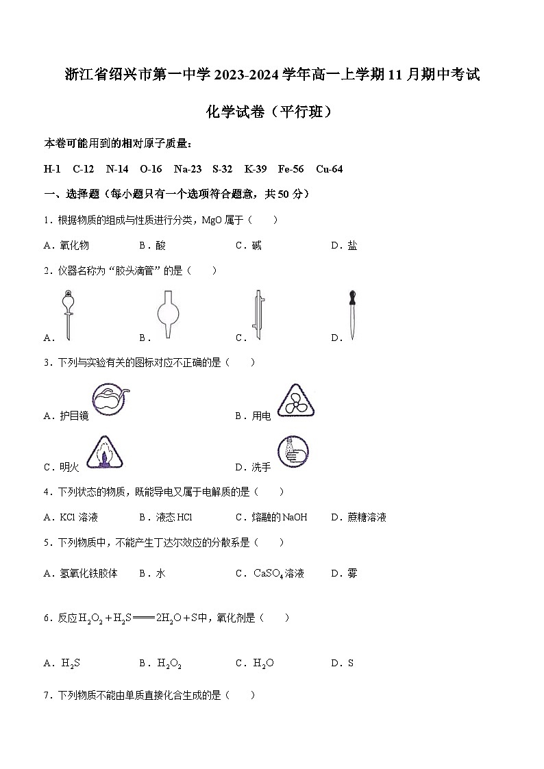 浙江省绍兴市第一中学2023-2024学年高一上学期11月期中考试（平行班）化学试题含答案第1页