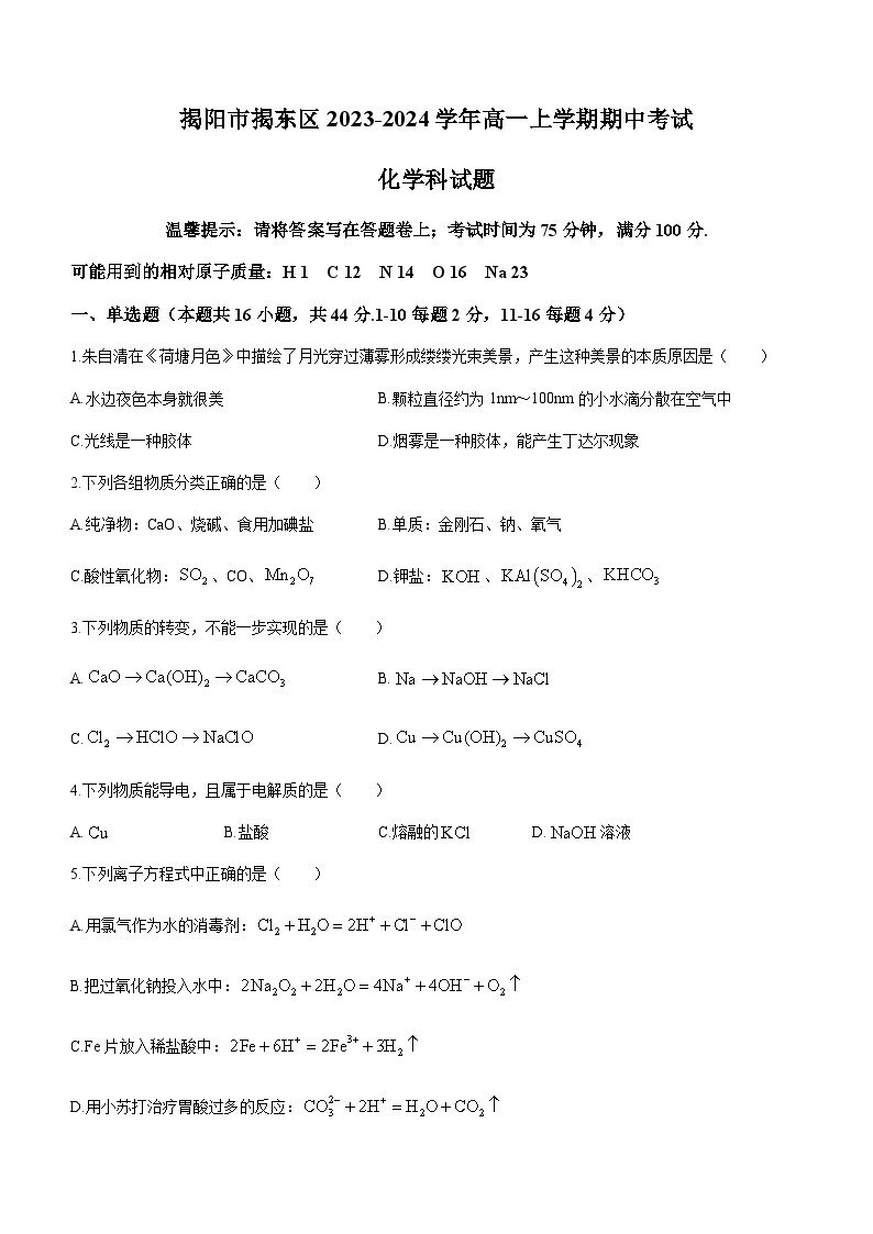 广东省揭阳市揭东区2023-2024学年高一上学期期中考试化学试题含答案01