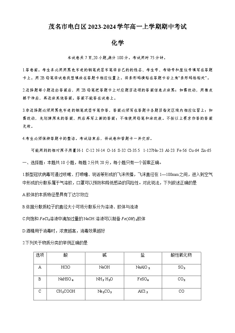 广东省茂名市电白区2023-2024学年高一上学期期中考试化学试题含答案01