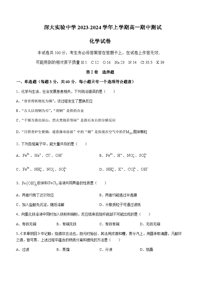 广东省深圳市深大实验中学2023-2024学年高一上学期期中考试化学试题含答案01
