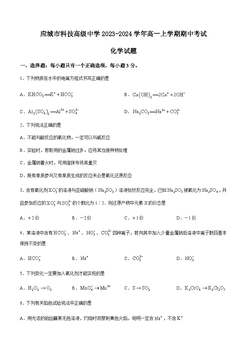 湖北省应城市科技高级中学2023-2024学年高一上学期期中考试化学试题含答案01