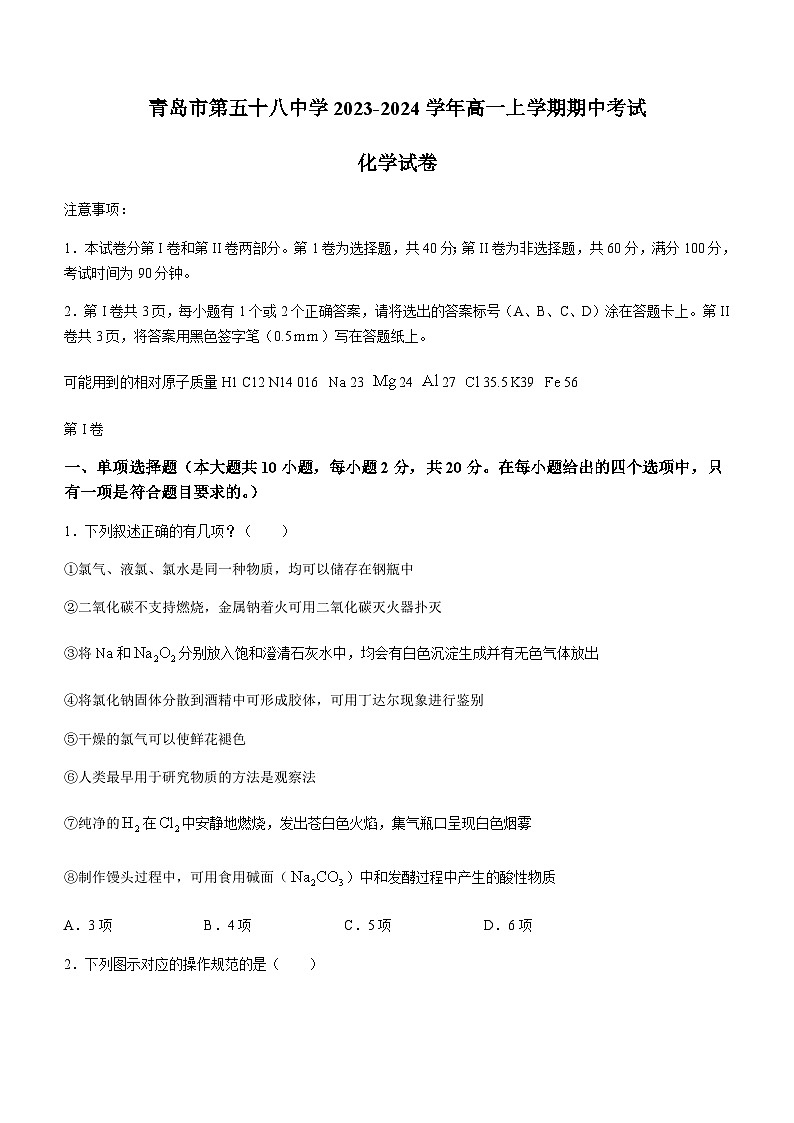 山东省青岛市第五十八中学2023-2024学年高一上学期期中考试化学试卷含答案第1页