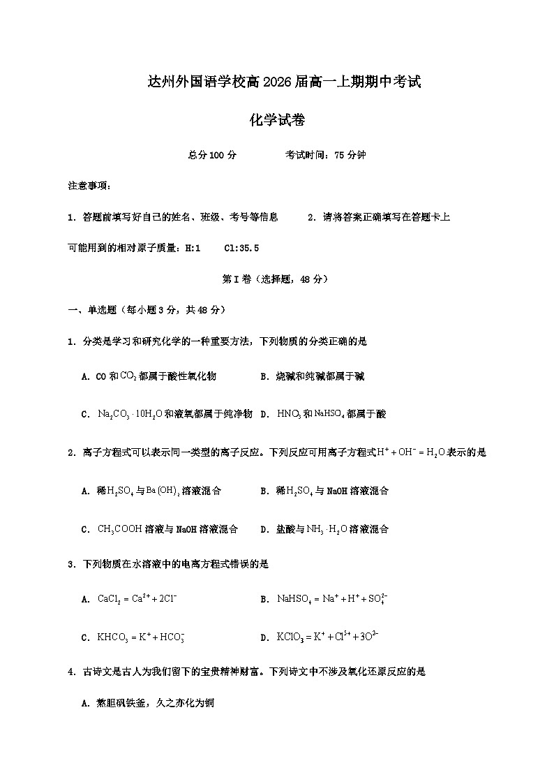 四川省达州外国语学校2023-2024学年高一上学期期中考试化学试题含答案01