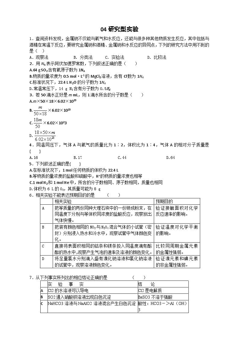 2022年高三化学寒假复习效果阶段性检测：04研究型实验 Word版含答案第1页