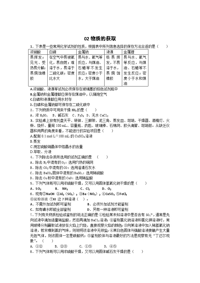 2022年高三化学寒假素质提升测试：02物质的获取 Word版含答案01