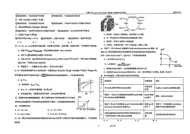 宁夏石嘴山市第三中学2023-2024学年高二上学期1月期末化学试题02