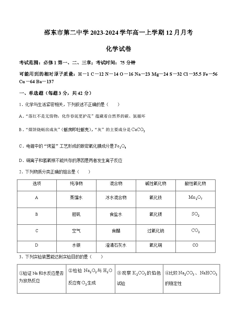 湖南省邵阳市第二中学2023-2024学年高一上学期12月月考化学试题含答案01