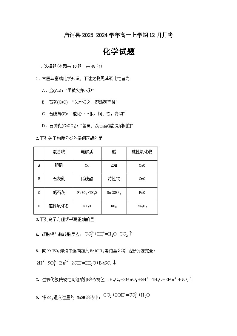 河南省南阳市唐河县第一高级中学2023-2024学年高一上学期12月月考化学试题含答案01