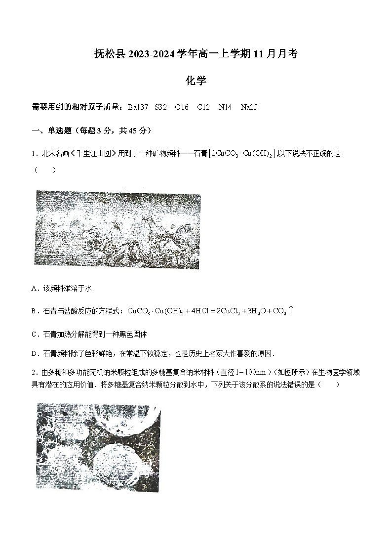 吉林省白山市抚松县第一中学2023-2024学年高一上学期11月月考化学试题含答案01