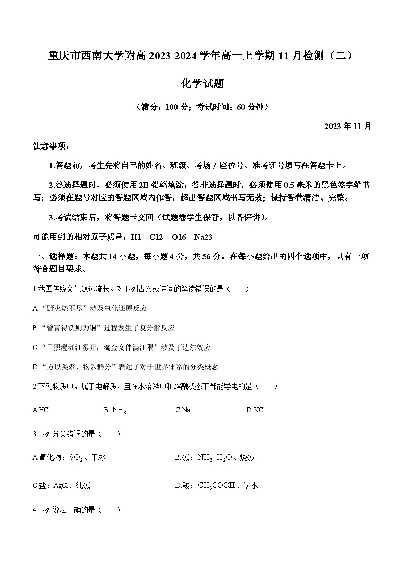 重庆市西南大学附属中学2023-2024学年高一上学期11月检测（二）化学试题含答案01