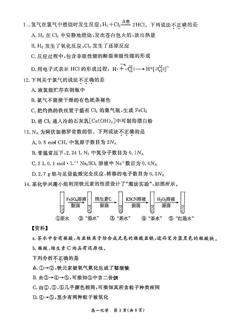 2024年北京市东城区高一上学期期末化学试卷03