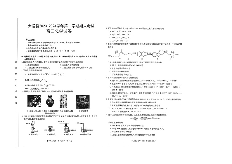 2024西宁大通县高三上学期期末考试化学图片版含答案01