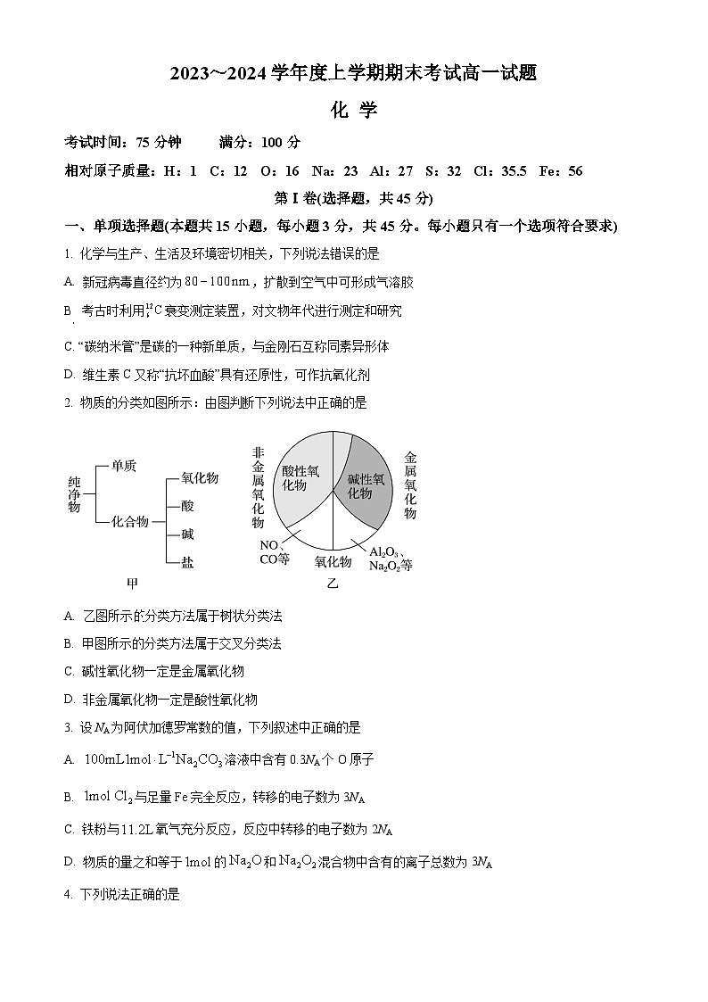 2024辽宁省部分高中高一上学期期末联考试题化学含解析01