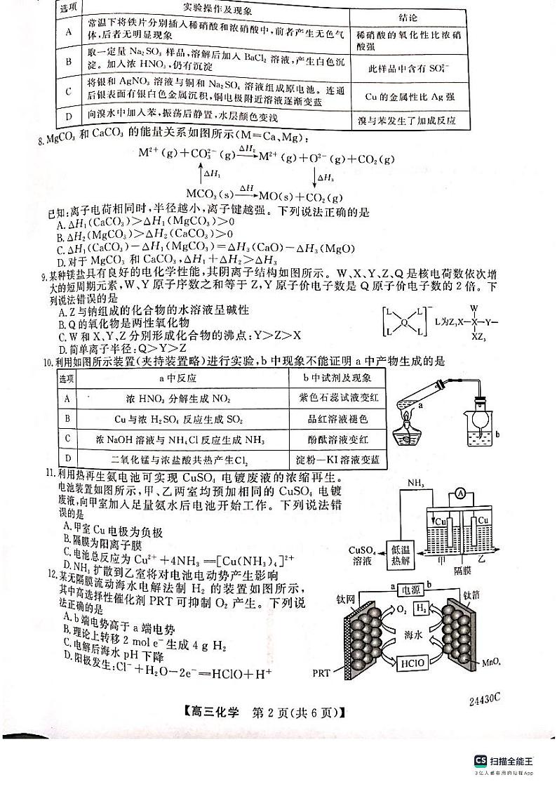 陕西省铜川市2024届高三上学期第一次模拟考试化学02