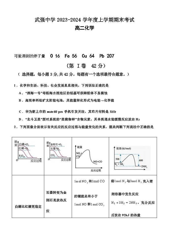 河北省衡水市武强中学2023-2024学年高二上学期期末考试化学试题含答案第1页