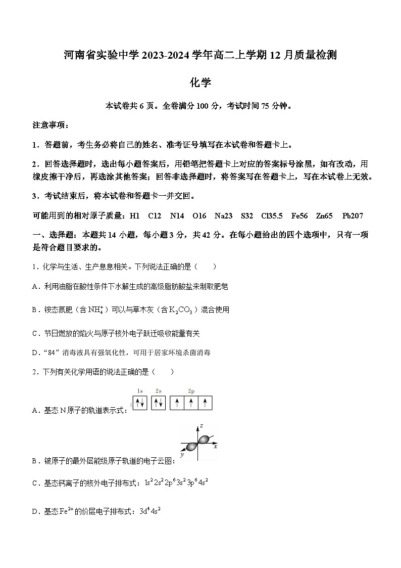 河南省实验中学2023-2024学年高二上学期12月质量检测化学试卷含答案01