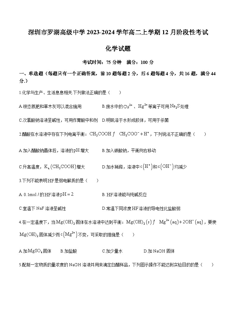 广东省深圳市罗湖高级中学2023-2024学年高二上学期12月阶段性考试化学试题含答案01