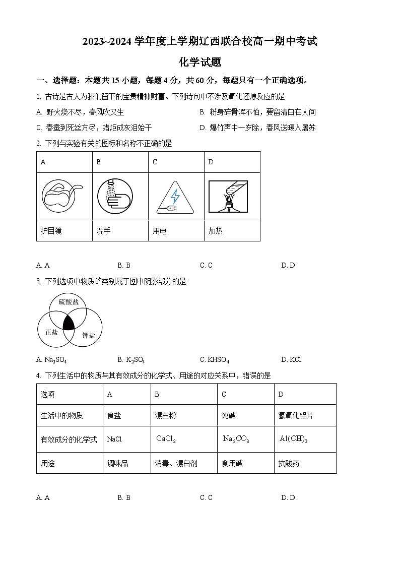 辽宁省辽西联合校2023~2024学年高一上学期期中考试化学试题（原卷版）第1页